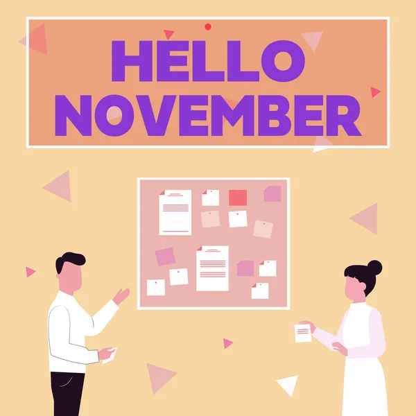 Handschrift sms Hallo November. Business showcase begroeting gebruikt bij het verwelkomen van de elfde maand van het jaar Illustratie van paar presenteren ideeën vasthouden notities plakken op borden. — Stockfoto