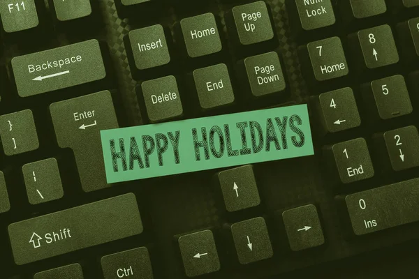 Pisanie tekstu Happy Holidays. Koncepcja biznesowa przestrzeganie ducha świąt Bożego Narodzenia przez tydzień Konfigurowanie nowej strony internetowej Blog Online, Wpisywanie znaczących treści internetowych — Zdjęcie stockowe