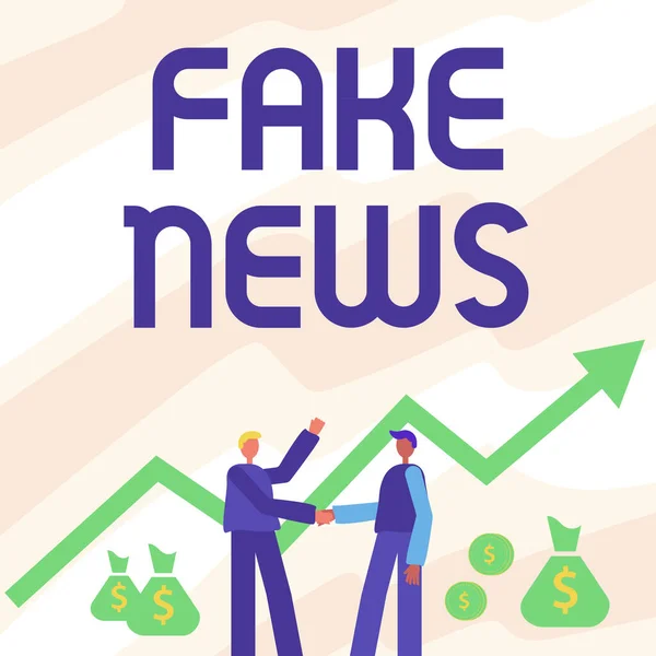 Conceptueel bijschrift Fake News. Business showcase valse informatie te publiceren onder het mom van authentiek nieuws Twee mannen staande schudden handen met financiële pijl voor groei en geld zakken. — Stockfoto