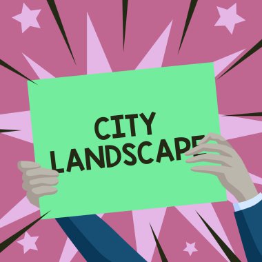 Şehir Peyzajını gösteren metin işareti. Bir şehrin ya da kentsel alanın fiziksel yönlerinin iş görüşü - 42194