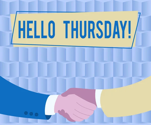Szöveg megjelenítése Hello Thursday. Szó a pozitív üzenet, mint a péntek s hírnök halad két férfi rajz papír háttér kezet bemutató megállapodás — Stock Fotó