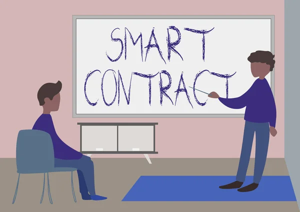 Tekst bijschrift presenteren Smart Contract. Business showcase digitale overeenkomst om de overdracht van digitale valuta 's Teacher en student tekenen met klasse privé binnen een klaslokaal te controleren. — Stockfoto