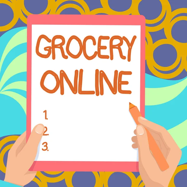 Koncepcionális kijelző Élelmiszer Online. Üzleti megközelítés digitális változata szupermarket elfogadó online rendelés Rajza mindkét kéz Holding Tablet enyhén bemutató csodálatos ötletek — Stock Fotó