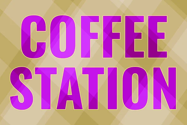 Szöveges felirat a Coffee Station-ről. Üzleti bemutatja egy kis, informális étterem, amely jellemzően forró italok Line Illusztrált hátterek különböző formák és színek. — Stock Fotó