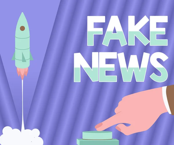 На табличці є напис Fake News. Концепція означає неправдиву інформацію, опубліковану під виглядом справжніх новин Man Hand Pressing Button To Launch Rocket To Space For New Horizons. — стокове фото