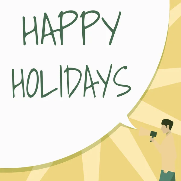 Κείμενο λεζάντα που παρουσιάζει καλές γιορτές. Internet Concept τήρηση του πνεύματος των Χριστουγέννων που διαρκεί για μια εβδομάδα Man Drawing χέρι στο Pocket Holding Megaphone με μεγάλη φούσκα ομιλία. — Φωτογραφία Αρχείου