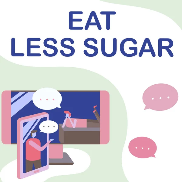 Writing displaying text Eat Less Sugar. Concept meaning reducing sugar intake and eating a healthful diet rich foods Two Colleagues Sharing Thoughts With Speech Bubbles Popping Out From Phones — Stock Photo, Image