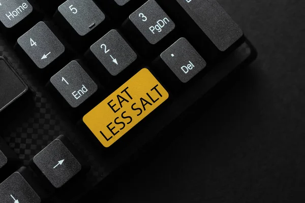 Podpis wyświetlający Jedz mniej soli. Prezentacja biznesowa redukująca spożycie sodu w żywności i napojach Transkrypcja Nagrywanie Online głosu, pisanie na maszynie i nagrywanie ważnych uwag — Zdjęcie stockowe
