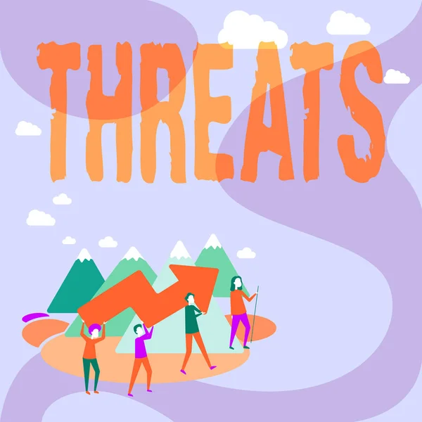 Inspiration showing sign Threats. Word for Statement of an intention to inflict pain hostile action on someone Four Colleagues Illustration Climbing Mountain Holding Large Arrow. — Stock Photo, Image