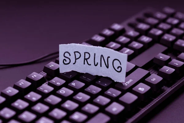 Handwriting text Spring. Word Written on the season after winter in which vegetation begins to appear Creating Online Journals, Typing New Articles, Making New Headlines — Stock Photo, Image