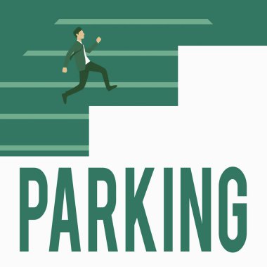 Park yerini gösteren bir tabela. İnternet kavramı, belli bir süre için aracı belli bir yerde bırakır. Takım elbiseli beyefendi, büyük bir merdivende yukarı doğru koşar. İlerleme kaydediyor..