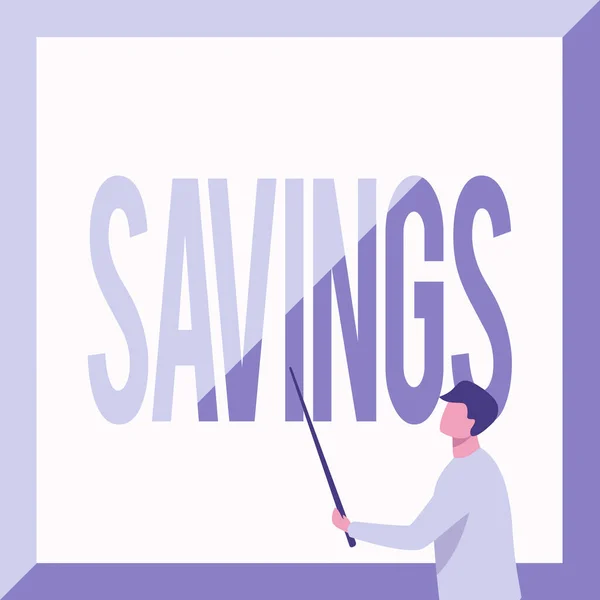 Szöveges megtakarítások megjelenítése. Üzleti megközelítés a pénzt, hogy egy személy tart egy számlát egy bankban, vagy mint az oktató rajz Stick Pointing Board Új leckék megjelenítése. — Stock Fotó