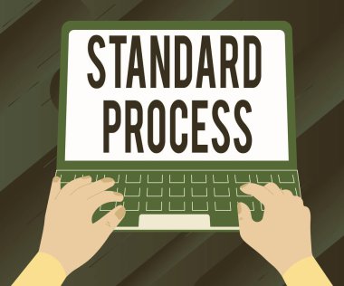 Metin Standart Süreç gösterimi yazılıyor. İş fikri kuralları, dizüstü bilgisayarda Fikirler Ararken Meşgul Bir Elin Son Ürün Kalitesi İllüstrasyonuyla eşleştirilmiştir.