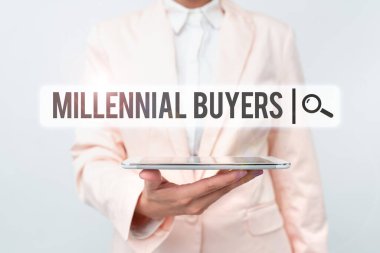 İlham veren Millennial alıcılarını gösteren metin. Yeni Teknoloji Fikirlerini Sunan ve Teknolojik Gelişmeyi Tartışan Ürünlerle ilgilenen Tüketiciler Türü