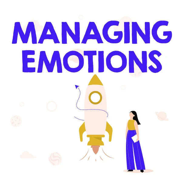 Tekst pokazujący inspirację Zarządzanie emocjami. Podejście biznesowe Kontrolowanie uczuć w sobie Zachowaj spokój Ilustracja przypadkowej dziewczyny stojącej obok rakiety gotowy do odpalenia — Zdjęcie stockowe