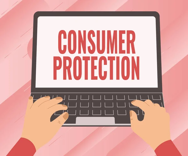Psaní textu Ochrana spotřebitele. Obchodní koncept Fair Trade Zákony k zajištění ochrany práv spotřebitelů Ilustrace zaneprázdněné ruční práce na laptopu vyhledávání nápadů. — Stock fotografie