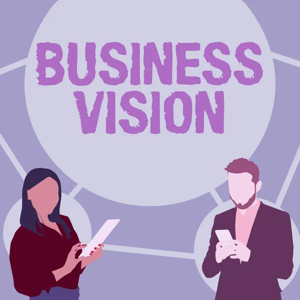 사업 비전 (Business Vision) 을 보여 주는 사진. 비즈니스 아이디어는 스마트폰 검색 아이디어를 사용하여 Busy 파트너의 삽화를 활용하는 것을 기반으로 미래에 비즈니스를 성장 시킨다.. — 스톡 사진