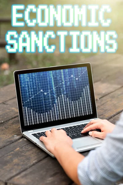 Handwriting text Economic Sanctions. Conceptual photo Penalty Punishment levied on another country Trade war Laptop Placed Resting On Table Working In The Park Doing Remote Jobs. — Stock Photo, Image