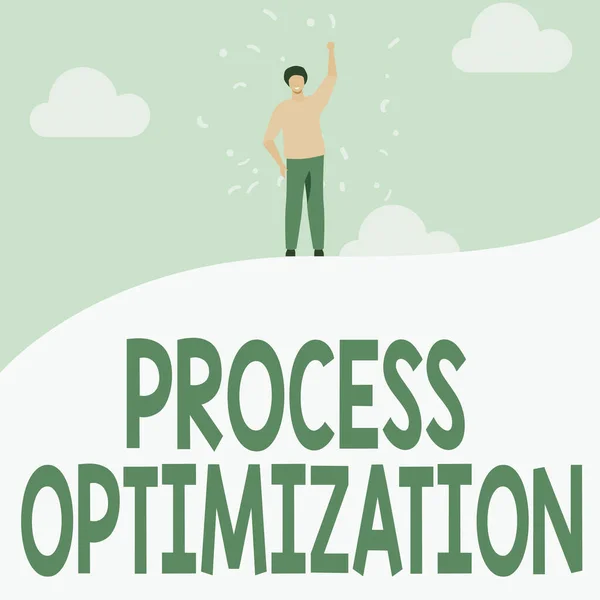 Visualización conceptual Optimización de procesos. Palabra escrita en Mejorar la Eficiencia de las Organizaciones Maximizar la producción Hombre Dibujo Levantando la mano Cielo de pie Colina Mostrando Éxito. —  Fotos de Stock