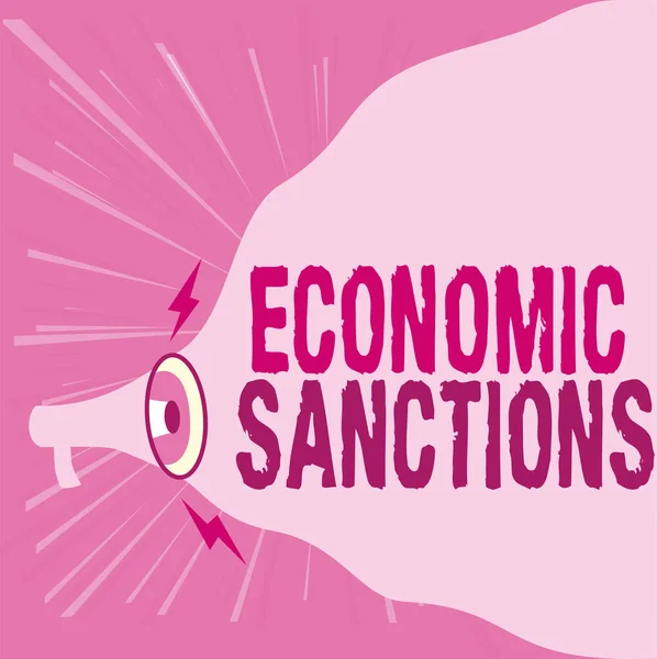 Hand writing sign Economic Sanctions. Business overview Penalty Punishment levied on another country Trade war Megaphone Drawing Making New Loud Announcement To Blank Cloud. — Stock Photo, Image