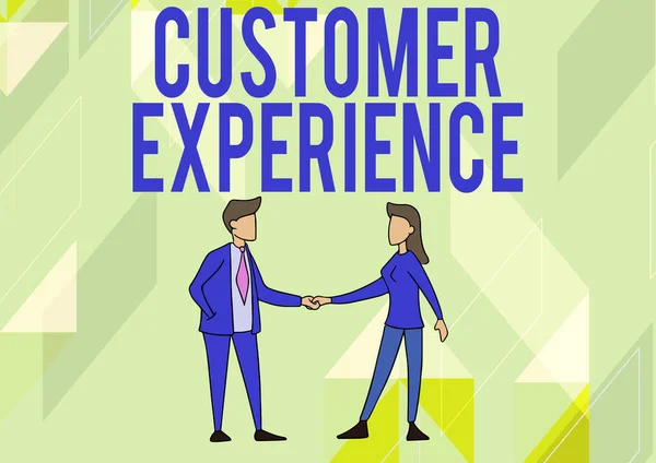 Text showing inspiration Customer Experience. Concept meaning Interaction between Satisfied Customer and Organization Man And Woman Standing Facing Towards Each Other Holding Hands. — Stock Photo, Image