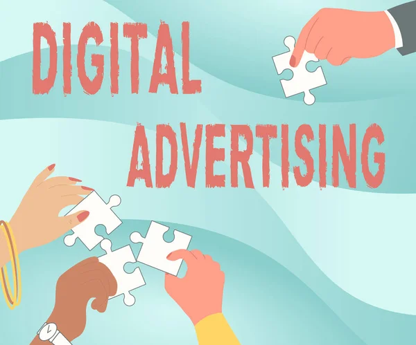概念表示デジタル広告。ビジネスアプローチオンラインマーケティングプロモーションメッセージを配信キャンペーンイラストの手を握るジグソーパズルピース助け合う. — ストック写真