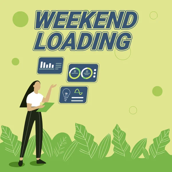 Podpis koncepcyjny Weekend Loading. Biznes showcase Począwszy od strony piątek relaks szczęśliwy czas odpoczynku Wakacje Ilustracja Dziewczyna Dzielenie Pomysły na umiejętności Dyskusja Strategie pracy. — Zdjęcie stockowe