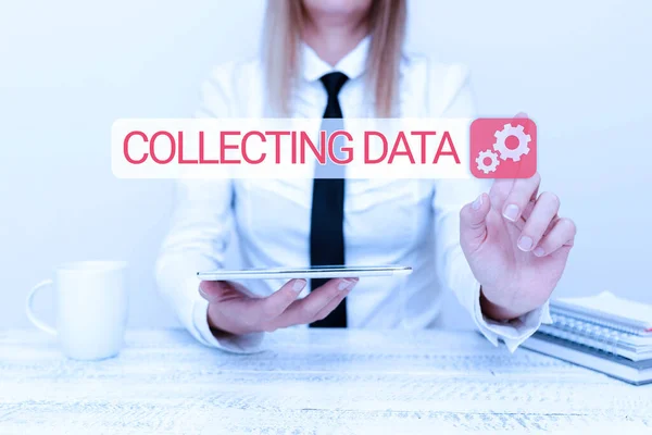 Inspiration showing sign Collecting Data. Business idea Gathering and measuring information on variables of interest Intern Starting A New Job Post, Student Presenting Report Studies — Stock Photo, Image