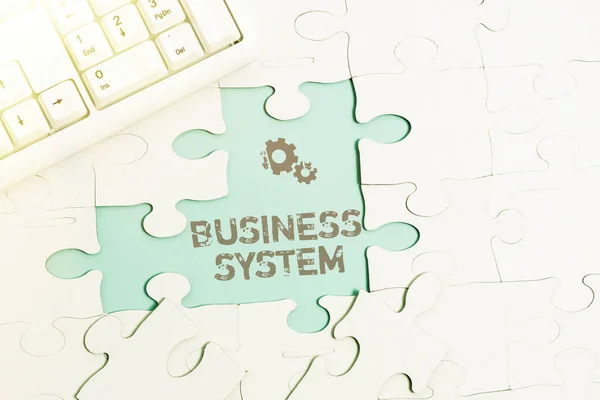 Writing displaying text Business System. Business overview A method of analyzing the information of organizations Building An Unfinished White Jigsaw Pattern Puzzle With Missing Last Piece — Stock Photo, Image
