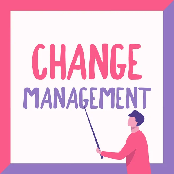 Pisanie wyświetlania tekstu Change Management. Pomysł na biznes Zastąpienie przywództwa w organizacji New Policies Instructor Drawing Holding Stick Pointing Board Pokazywanie nowych lekcji. — Zdjęcie stockowe