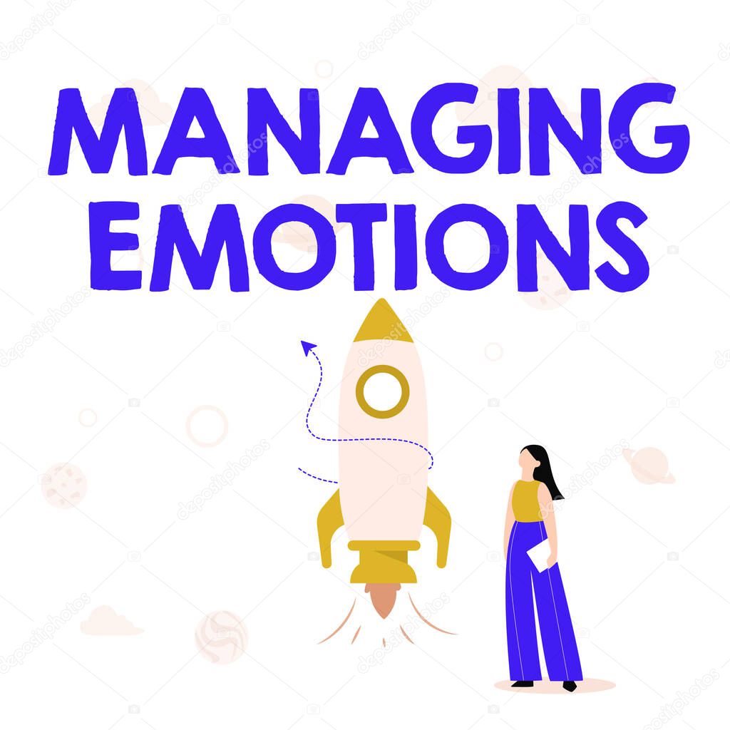 Text showing inspiration Managing Emotions. Business approach Controlling feelings in oneself Maintain composure Illustration Of Casual Girl Standing Beside Rocket Ship Ready To Launch