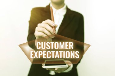 Kavramsal Manşet Müşteri Beklentileri. İşletme Genel Görünümü Bir Müşteri Beklentisini Aştı ve Yeni Teknoloji Fikirlerinin Sunulmasını İstiyor Teknolojik Gelişmeyi Tartışma