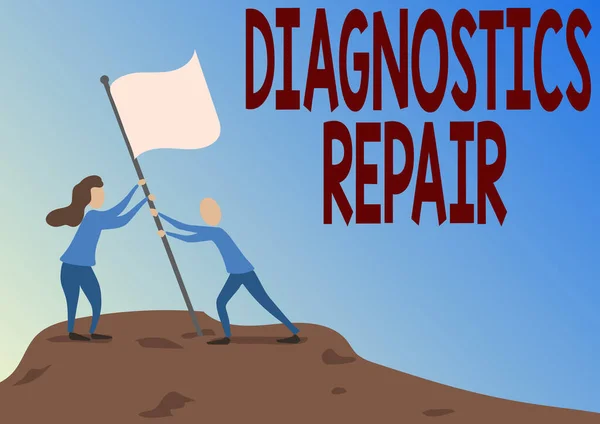 Tekstbord met Diagnostische Reparatie. Business concept Een programma of routine die een gebruiker helpt om fouten te identificeren Man en vrouw Tekenen Staande Opzetten Vlag Op Piek van de Berg. — Stockfoto