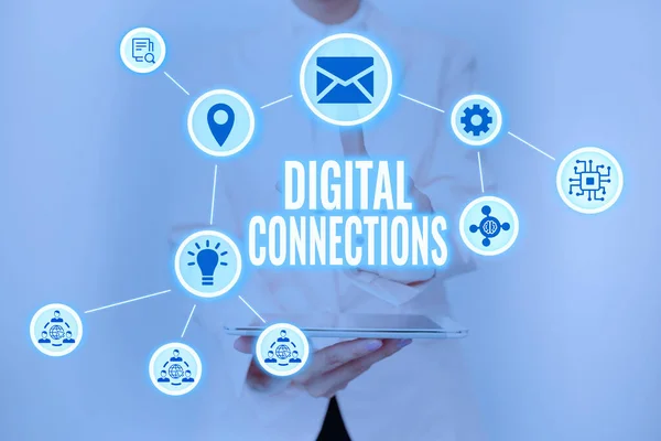 Sign displaying Digital Connections. Conceptual photo Powerful Ways to Connect Online Global High Definition Lady Holding Tablet Pressing On Virtual Button Showing Futuristic Tech. — Stock Photo, Image