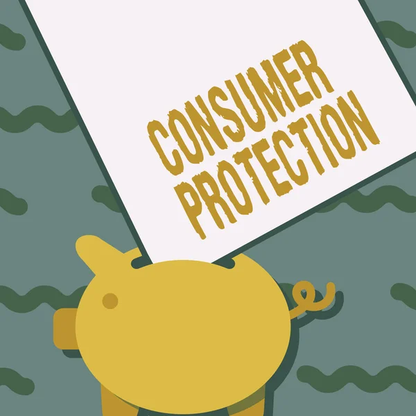 Metin Tüketiciyi Koruma yazılıyor. Ticari Ticaret Kanunları Tüketicilerin Haklarını Koruma Domuzcuk Bankası 'nın Deliğe Sıkışan Büyük Kağıt Kağıt Çizimi. — Stok fotoğraf
