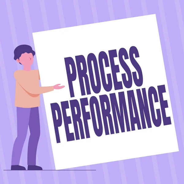 Handstilstext Process Performance. Word för åtgärder Process effektivt Möt organisationer Objektiv Man stående ritning Holding Presentera enorma Blank Paper. — Stockfoto