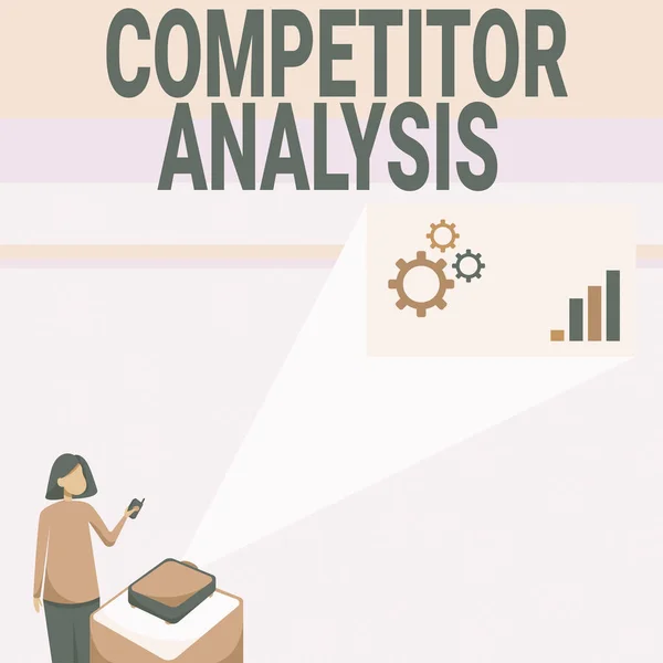 概念キャプション競技者分析。競争力のある市場の弱さを判断するための言葉レディ・スタンディング・プロジェクター・リモート・コントロールグラフ成長を示す. — ストック写真