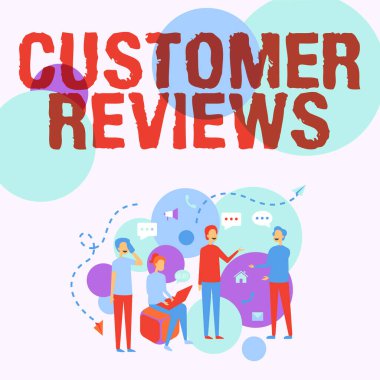 İlham verici Müşteri Değerlendirmeleri 'ni gösteren metin. Dört Meslektaş İllüstrasyonunu kullanan ve Yeni Fikirler İçin Sohbet Eden bir istemci tarafından yapılan ürün veya servisin İnternet Konsepti incelemesi.