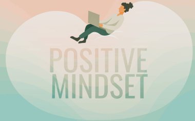 İlham verici Olumlu Düşünceleri gösteren metin. İş fikri, zihinsel ve duygusal tutum. İyi tarafından bakarsak Bayan Sırt Sırtına Oturan Fasulye Torbası Dizüstü bilgisayar kullanıyor..