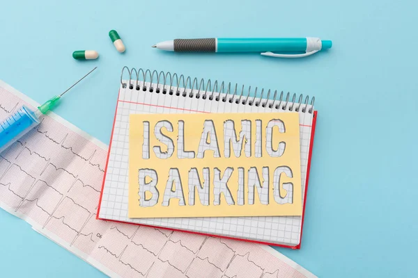 Segno di scrittura a mano Islamic Banking. Foto concettuale Sistema bancario basato sui principi della legge islamica Grafico di lettura e scrittura Note mediche importanti Test Analisi dei risultati — Foto Stock