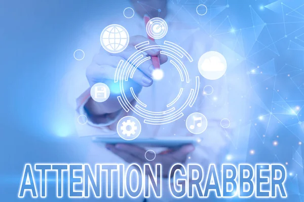 Text caption presenting Attention Grabber. Concept meaning Demanding notice mainly by being prominent or outlandish Business Woman Touching Futuristic Virtual Display Holographic Interface.