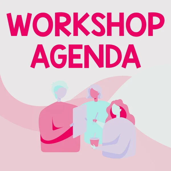 Konceptvisning Workshop Agenda. Konceptuellt foto hjälper dig att se till att din plats stannar på schemat Kollegor stående prata med varandra håller Paper Pen Cup. — Stockfoto