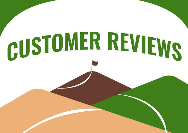 Text sign showing Customer Reviews. Business approach review of product or service made by client who has used Mountain Range Drawing With Road Leading To Raised Flag At Top. — Stock Photo, Image