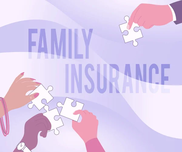 Text showing inspiration Family Insurance. Business overview paying a partial or full health care for relatives Illustration Of Hands Holding Jigsaw Puzzle Pieces Helping Each Others. — Stock Photo, Image