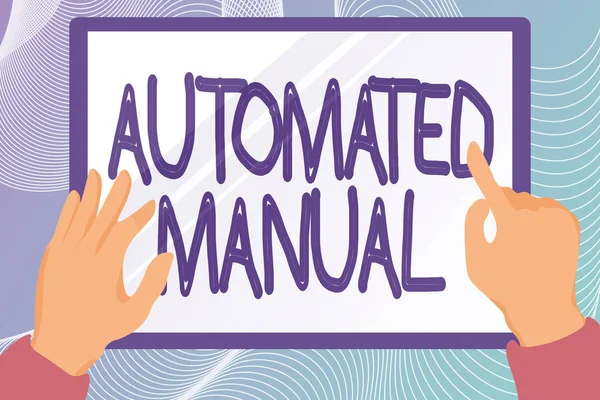 ［手動自動化］を示すテキスト記号。トリガーシフトとしてのビジネスコンセプトで気分を簡単に切り替えることができます手イラスト保有タブレット画面で図面情報を表示. — ストック写真