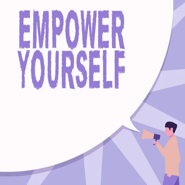 Koncepcionális megjelenítés Empower Yourself. Üzleti ötlet átveszi az irányítást az élet beállítása célok pozitív döntések Férfi rajz kéz a zsebben Fogása Megafon nagy beszéd buborék. — Stock Fotó