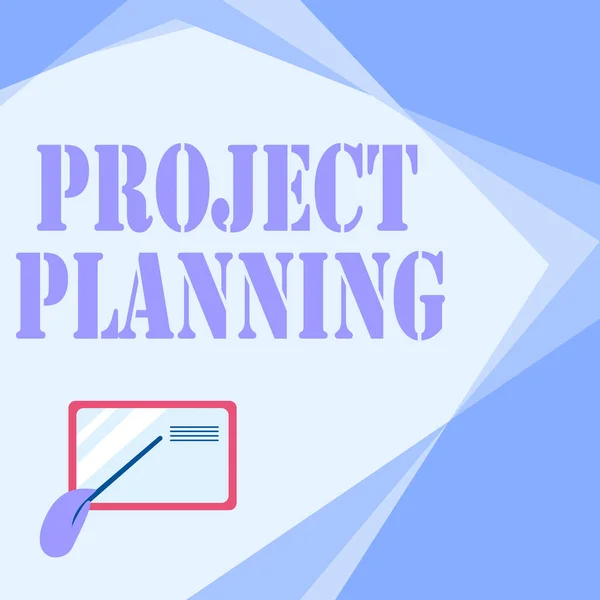 Handwriting text Project Planning. Business concept schedules such as Gantt charts to plan report progress Card Drawing With Hand Pointing Stick At Small Details. — 图库照片