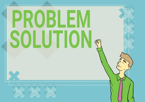 Sign displaying Problem Solution. Conceptual photo solving consists of using generic methods in orderly manner Happy Man Illustration Standing Infront Board Raising Hands For Sucess. — Stock Photo, Image