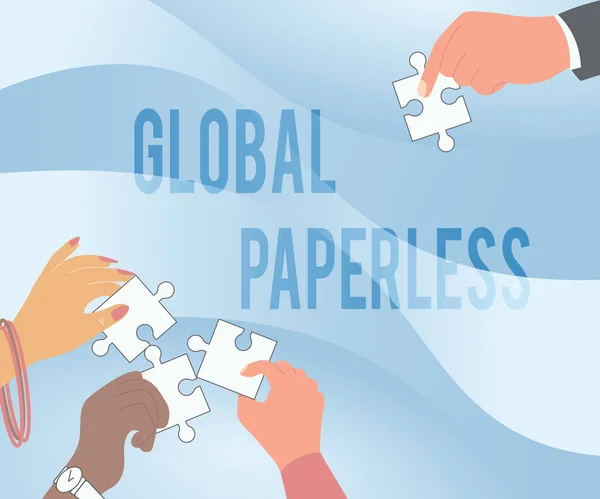 Texto que presenta Global Paperless. Concepto que significa ir por métodos tecnológicos como el correo electrónico en lugar de papel Ilustración de manos sosteniendo piezas de rompecabezas ayudándose mutuamente. — Foto de Stock