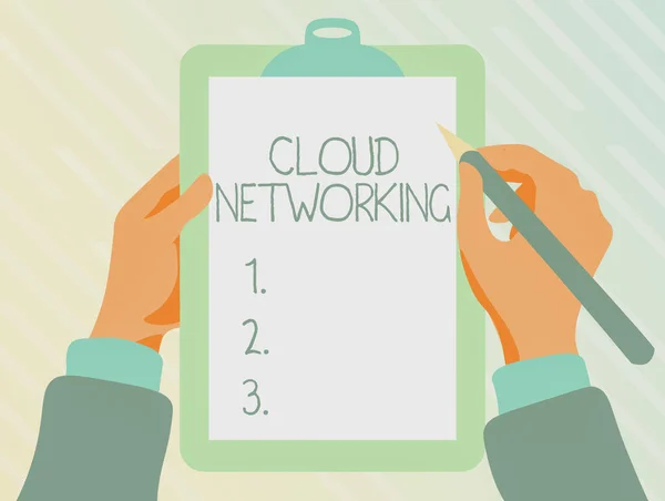 Konceptvisning Cloud Networking. Affärsidé är en term som beskriver åtkomst till nätverksresurser Spela tangentbordstypspel, skapa och bearbeta digitala dokument — Stockfoto